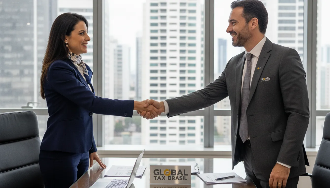 Empresário feliz apertando mão consultor Global Tax Brasil após regularizar saída fiscal atrasada.