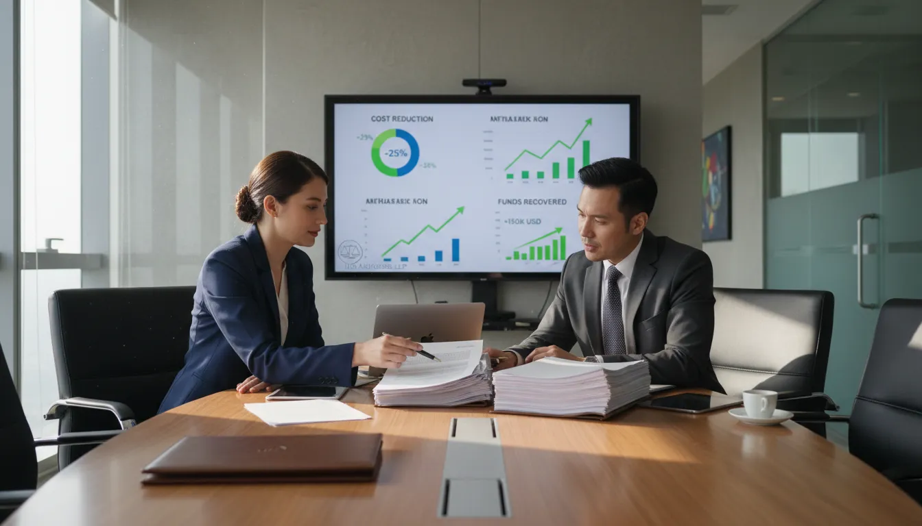 Empresário e advogado analisando revisão contratual, mostrando gráficos de redução de custos e recuperação financeira.