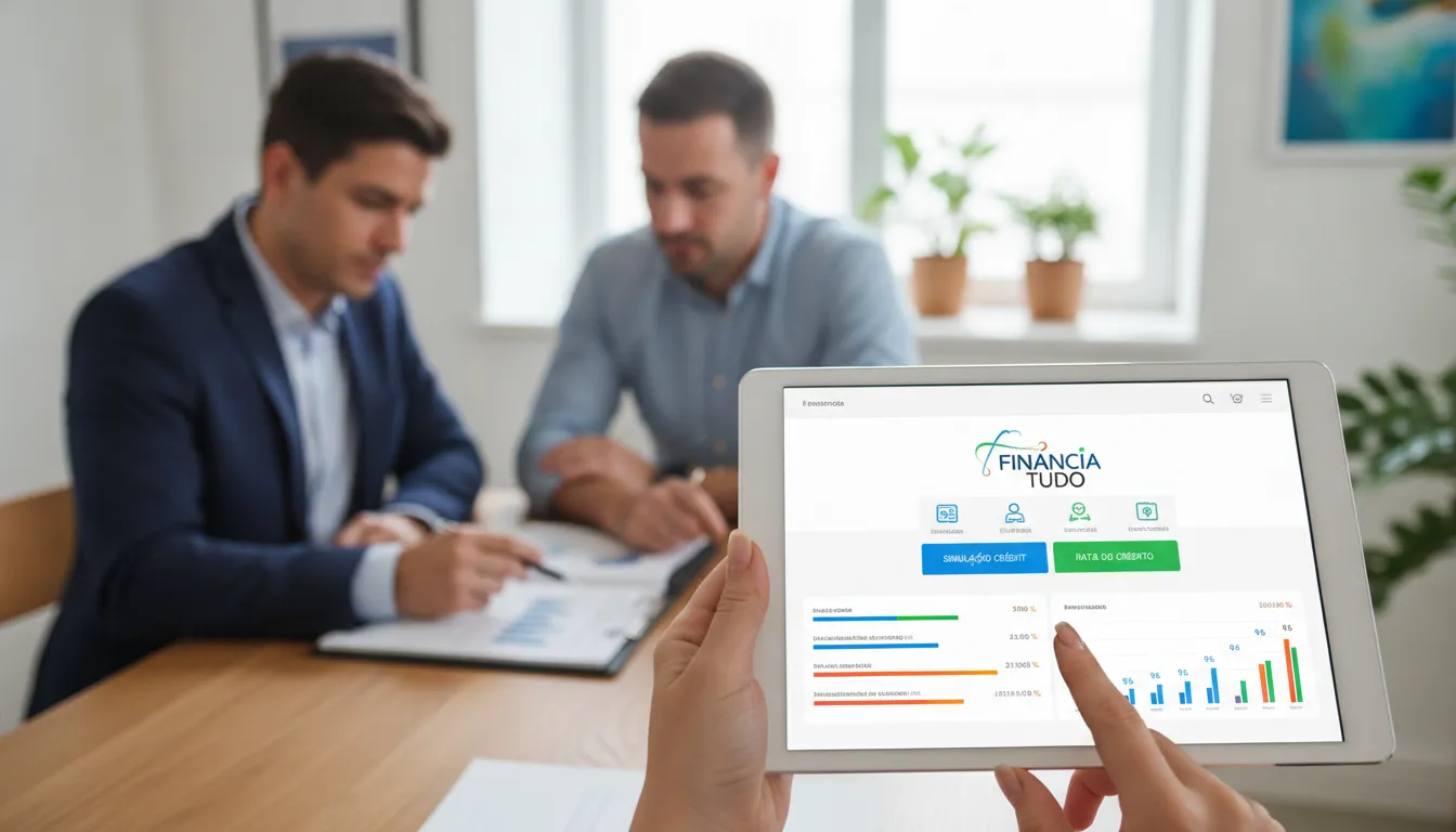 Tablet exibindo plataforma Financia Tudo com opções de soluções financeiras para contabilidade e clientes.