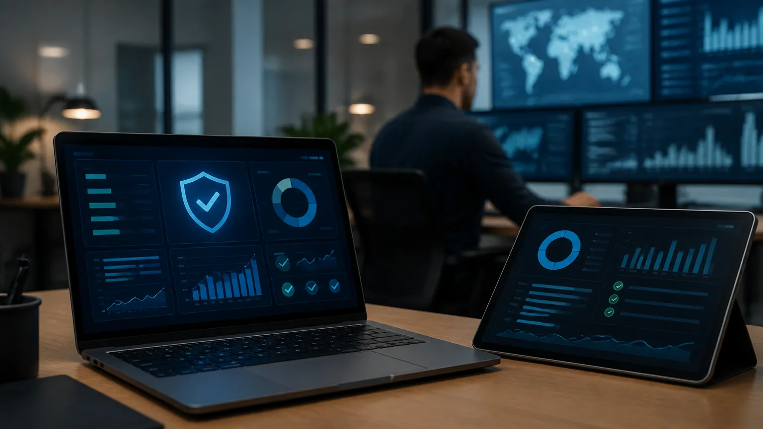 Painel de controle exibindo métricas de auditoria para certificação SOC 2 e gestão de dados.