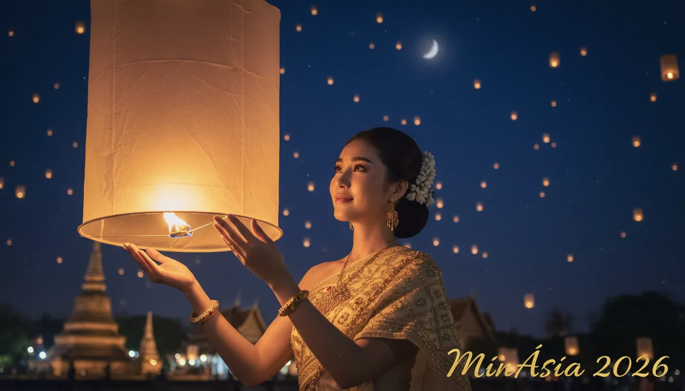 Close-up de uma mulher tailandesa soltando uma lanterna Khom Loi durante o festival das lanternas Tailândia, com a luz da lanterna iluminando seu rosto. MinÁsia 2026.