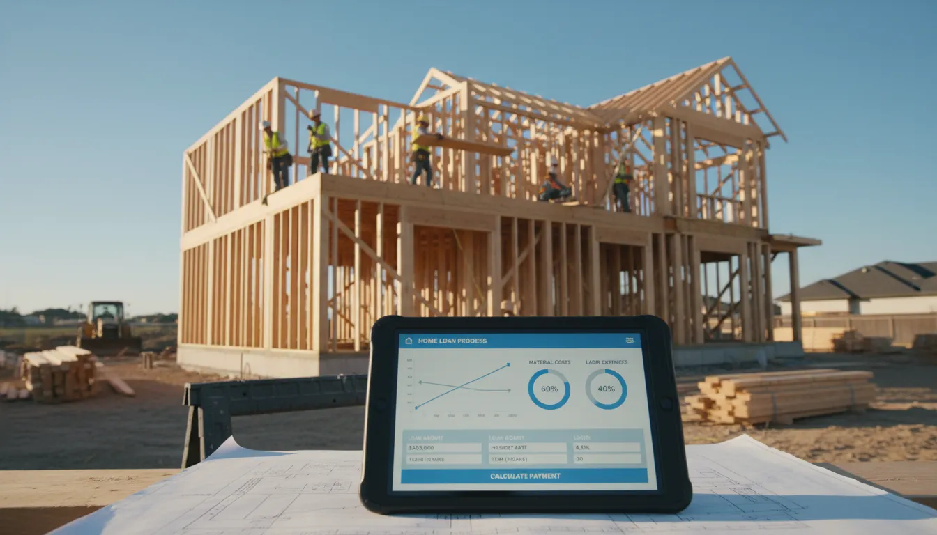 Obra em andamento com tablet exibindo gráficos financeiros, integrando construção e planejamento de crédito.