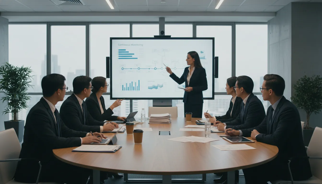 Membros do comitê de privacidade em reunião, analisando relatórios e garantindo monitoramento contínuo da proteção.