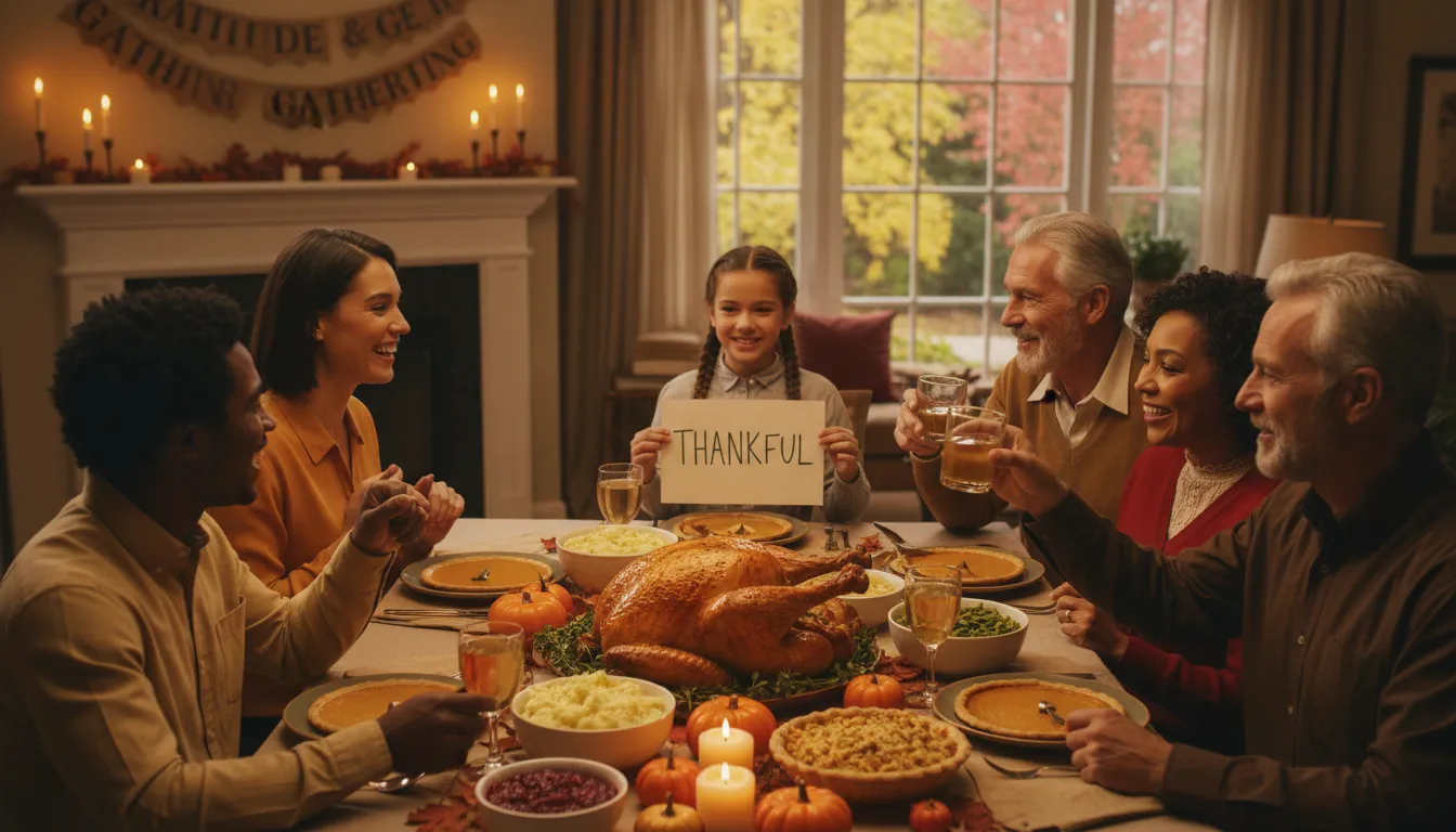 A diverse American family enjoys a Thanksgiving meal together in a welcoming home environment.