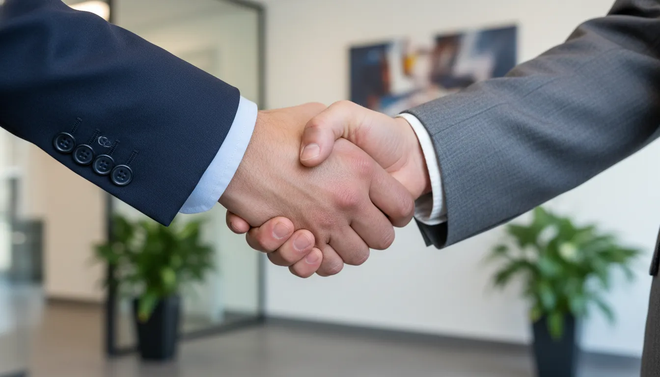 Aperto de mãos entre um advogado e um empresário, representando a solução para a dívida empresarial em atraso. JGS Advogados.