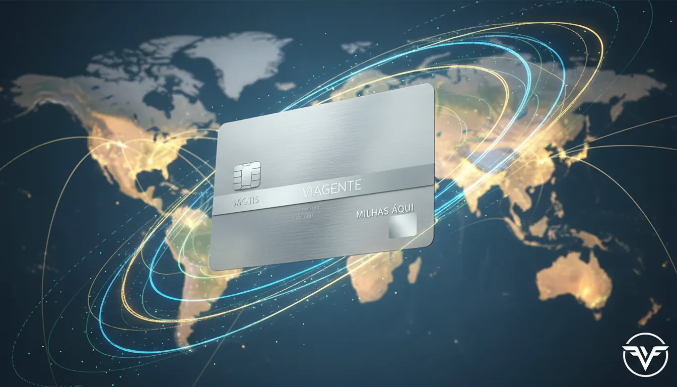 Um close-up de um cartão de crédito com pontos, simbolizando recompensas. Mapa mundial ao fundo mostra destinos, indicando o potencial de comprar milhas para viajar.
