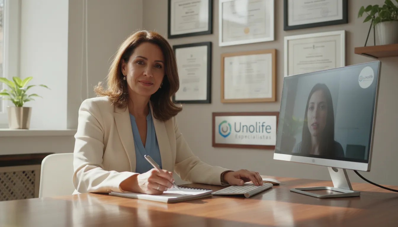 Imagem de um especialista da Unolife conduzindo uma sessão de psicoterapia online, transmitindo profissionalismo e cuidado.