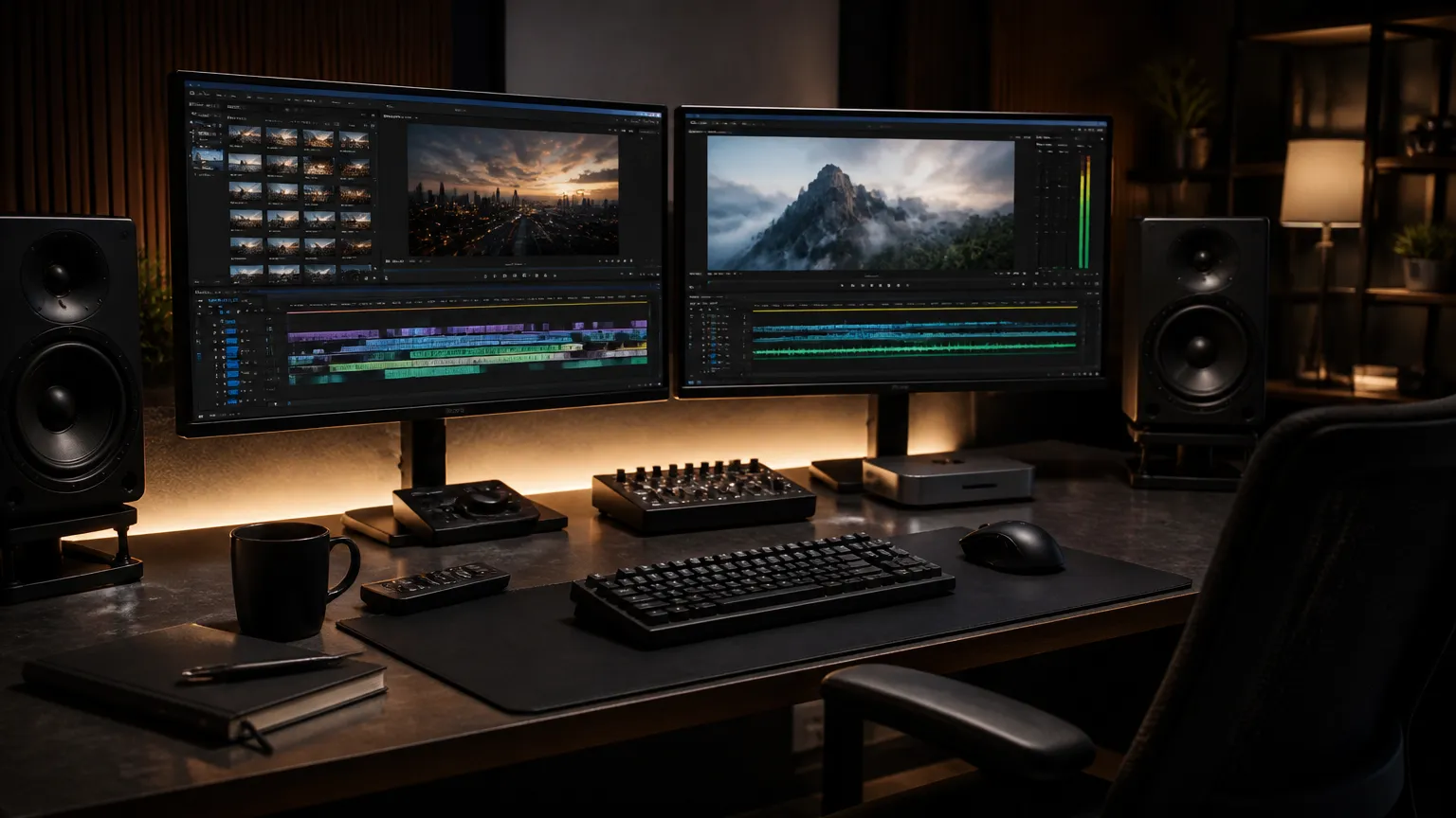 Ilha de edição audiovisual para pós-produção e gravação de vídeos profissionais corporativos.