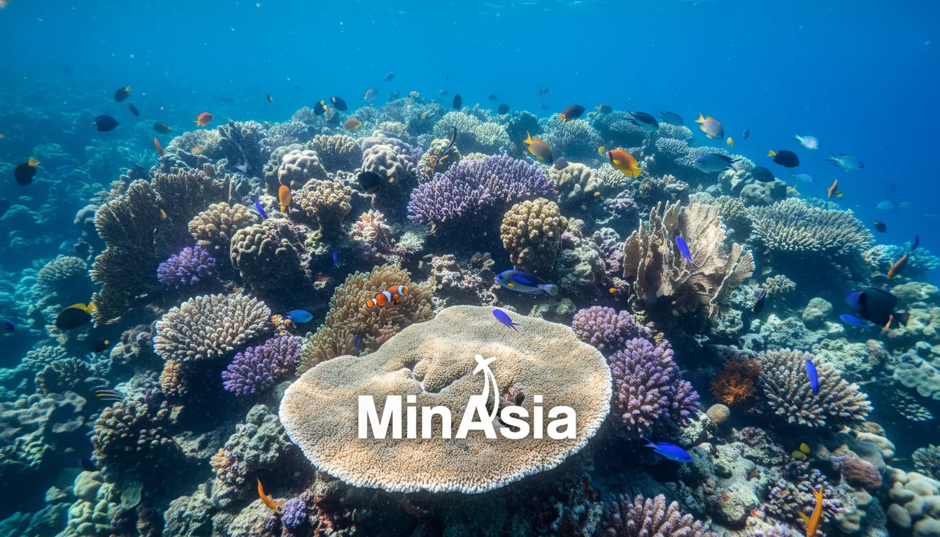 Recife de coral vibrante com peixes tropicais coloridos nas águas cristalinas de Okinawa, Japão.