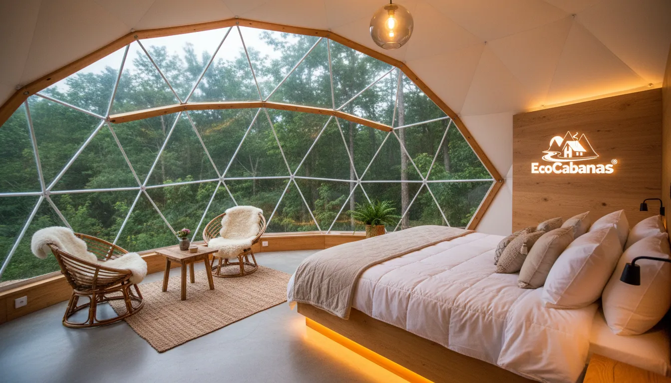 Interior luxuoso de um domo geodésico com cama confortável e janelas panorâmicas da floresta, ideal para glamping.