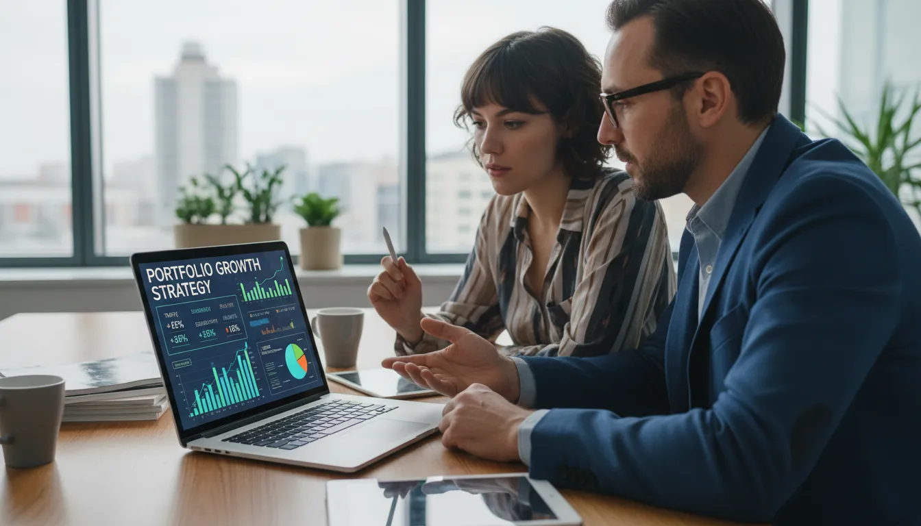 Site para Freelancer em 2026: Portfólio que Fecha Contratos 3 Consultor digital e freelancer revisando um portfólio com gráficos e métricas em tela de laptop.