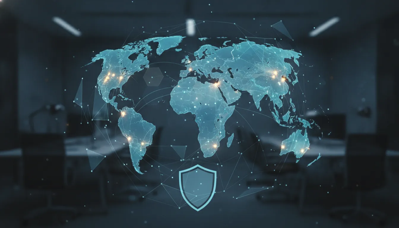 Mapa global mostra tendências M&A e segurança de dados. Redes interconectadas com proteção InfoLock.
