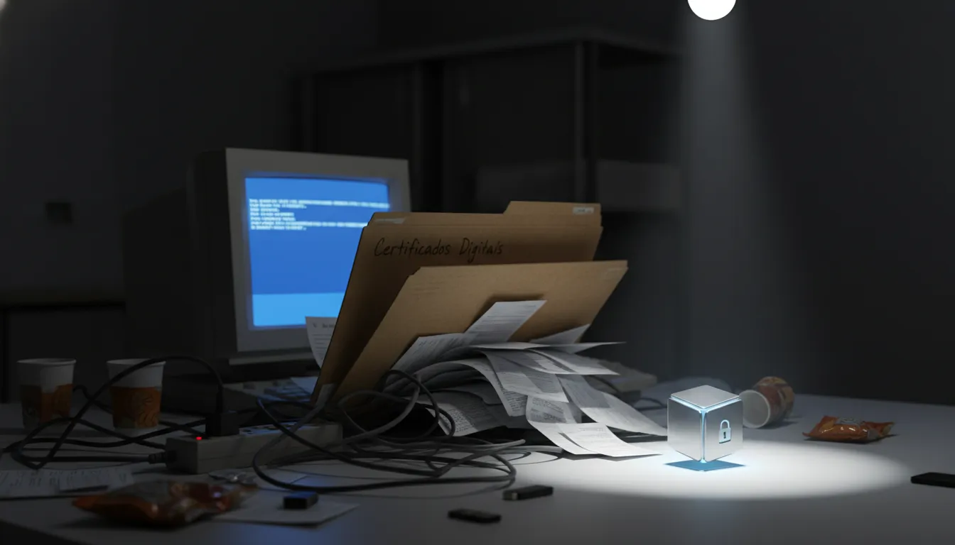 Mesa de escritório bagunçada com pasta antiga e certificado digital exposto, contrastando com solução para guardar certificado digital.