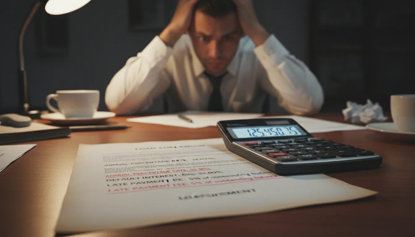 Pessoa analisando contrato bancário com juros abusivos destacados, demonstrando preocupação financeira.