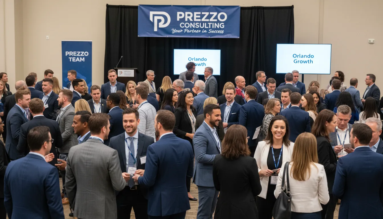 A diverse group of entrepreneurs networking at an event in Orlando, with a Prezzo Consulting banner in the background, representing the support available for opening a company in Orlando.