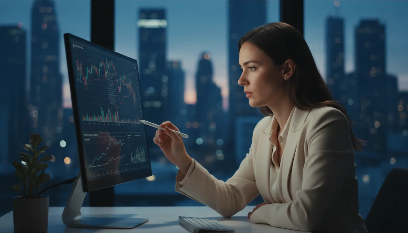 Mulher analisando gráfico de planejamento financeiro antes de financiamento, com foco e em ambiente profissional.