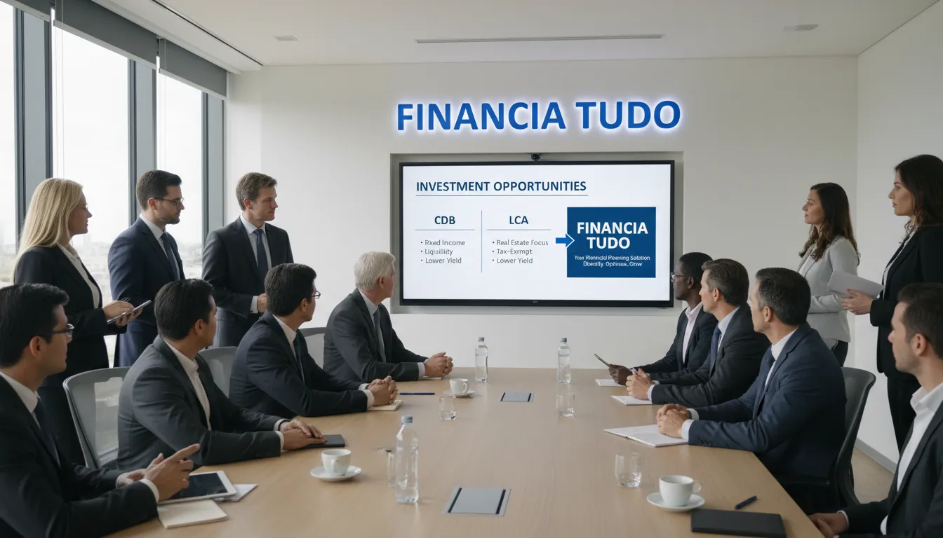 Grupo de investidores analisa comparativo de CDB, LCI e LCA, destacando os benefícios de planejar com a Financia Tudo.