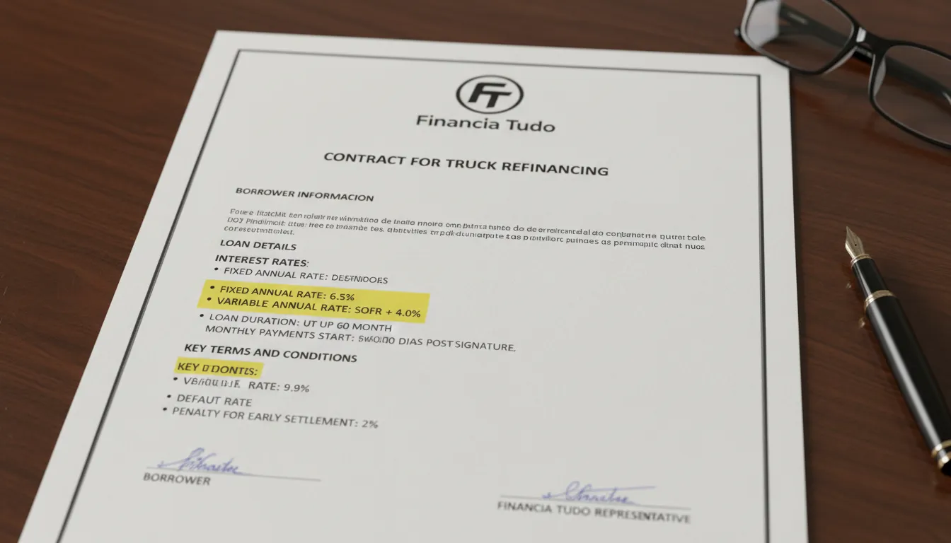 Detalhe de um contrato da Financia Tudo mostrando as condições de refinanciamento de caminhão para pagar dívidas, com foco na transparência das taxas.