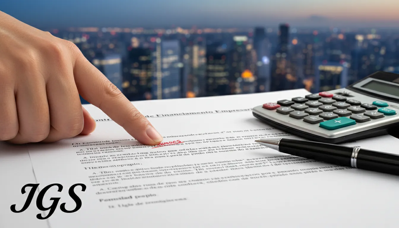 Detalhe de um contrato de financiamento empresarial com uma cláusula destacada, ilustrando o processo de revisão de financiamento empresarial e a atuação da JGS.