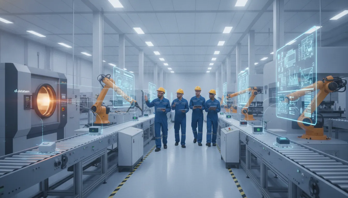 Fábrica inteligente com diversos sensores IoT em máquinas e técnicos monitorando dados. Datatem M2M.