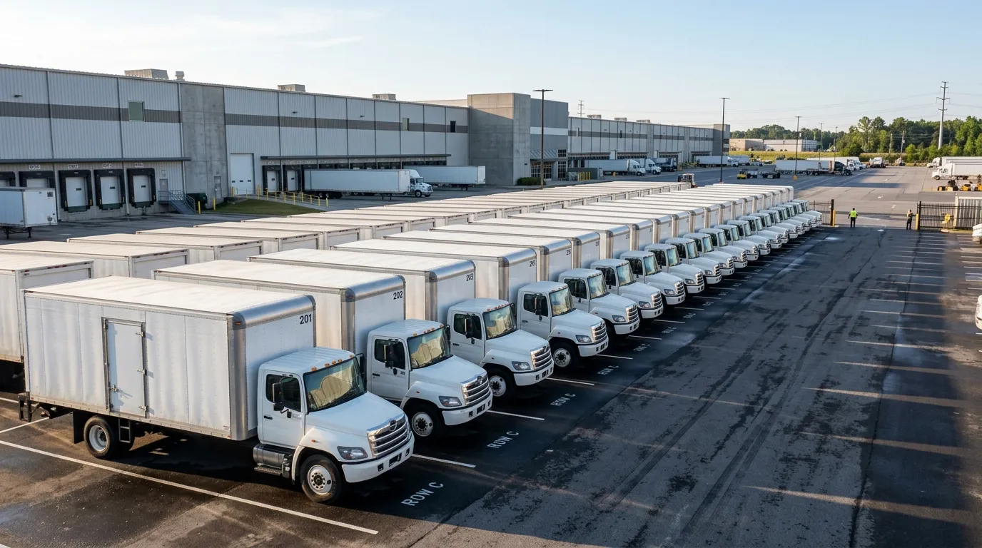 Frota de caminhão para expansão da empresa alinhada em pátio industrial.
