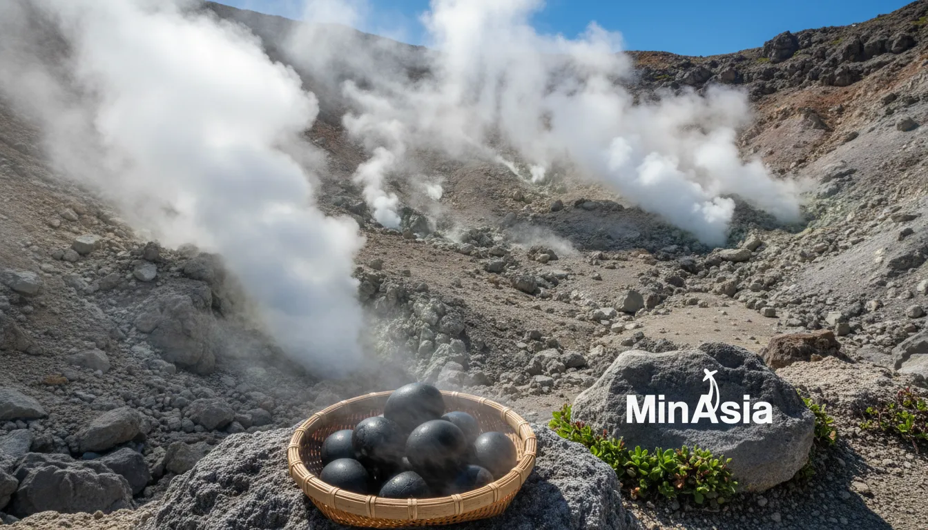 Vapor sulfuroso em Owakudani, Hakone Japão, com ovos pretos cozidos em águas termais vulcânicas.