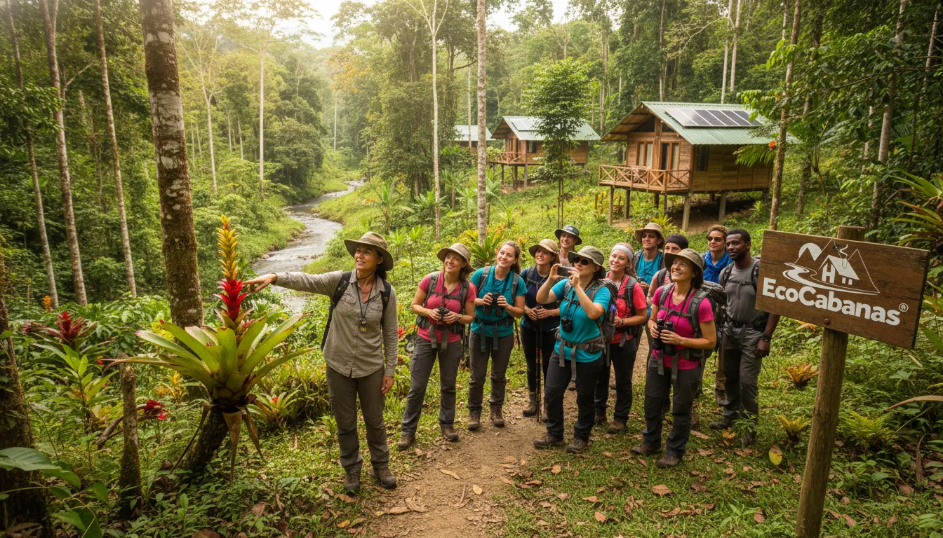 Turistas em chácara à venda desfrutam de trilha ecológica guiada, aprendendo sobre a fauna e flora local em um dia ensolarado.