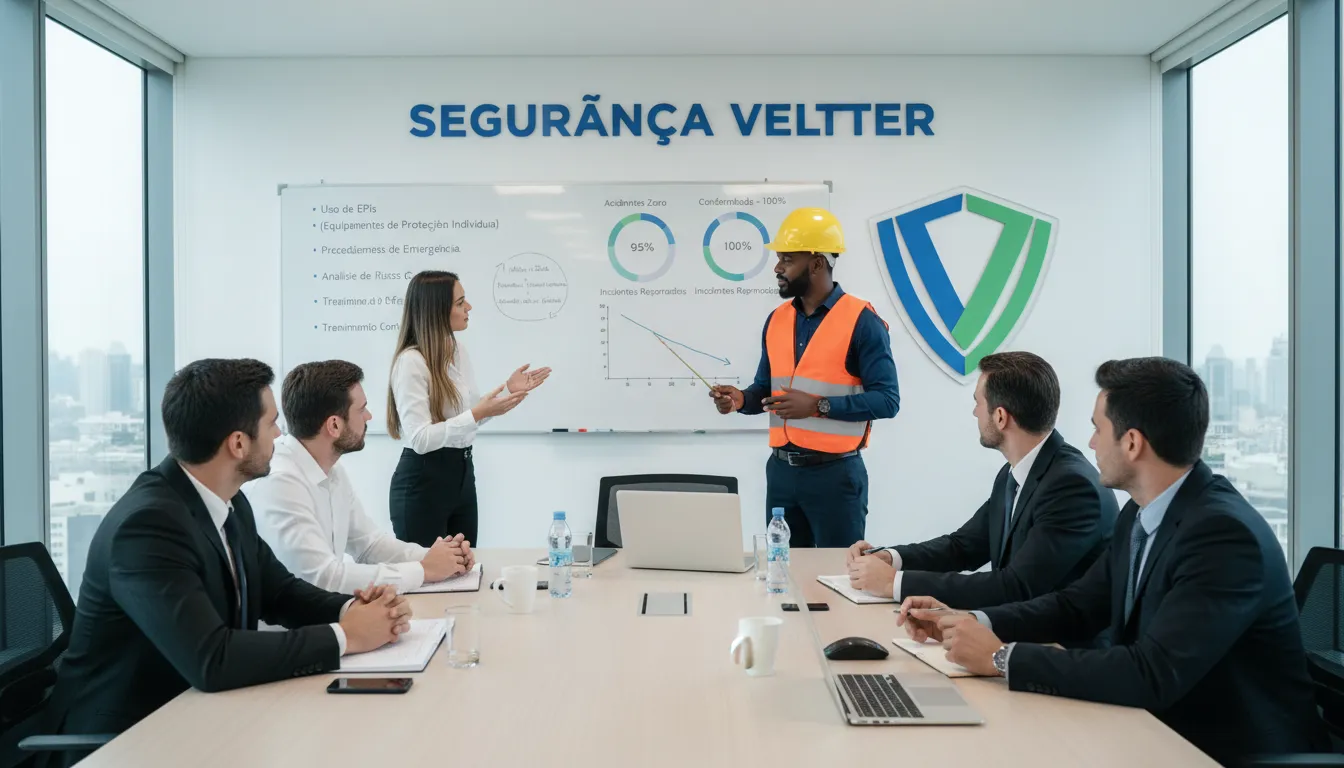 Reunião de equipe focada em o que é segurança do trabalho, com apresentação de dados e diretrizes, destacando a importância da Veltter na gestão de riscos e prevenção de acidentes.