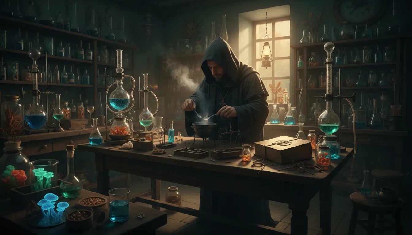Oficina de um alquimista repleta de frascos, retortas e espécimes botânicos, com um alquimista trabalhando. Detalhes fotorrealistas da cena alquímica.
