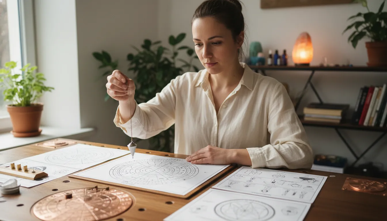 Terapeuta qualificada realizando sessão de mesa radiônica com concentração e instrumentos energéticos