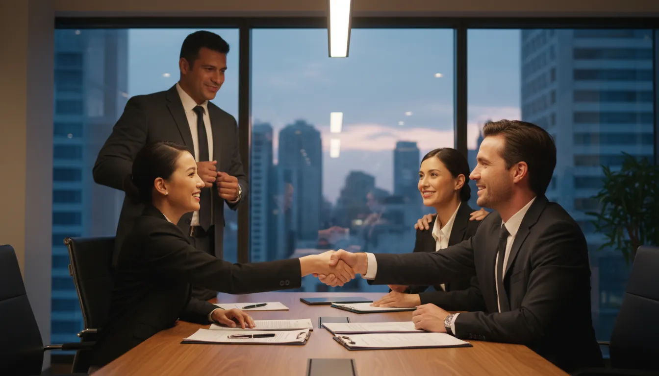 Reunião entre advogados e empresários fechando um acordo, expressão de alívio e parceria.