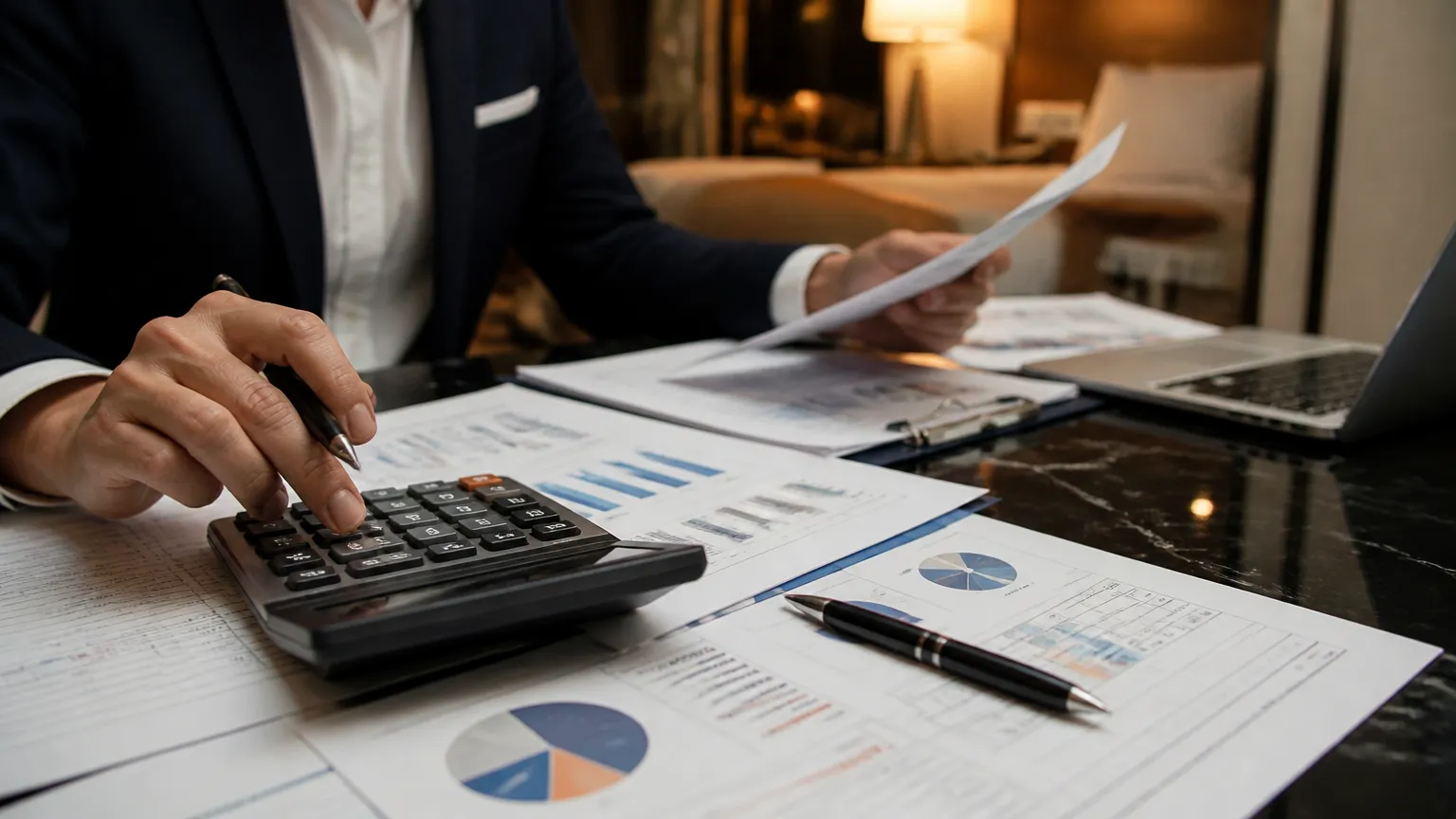 Auditoria financeira detalhada identificando erros contábeis em hotéis e despesas tributárias.