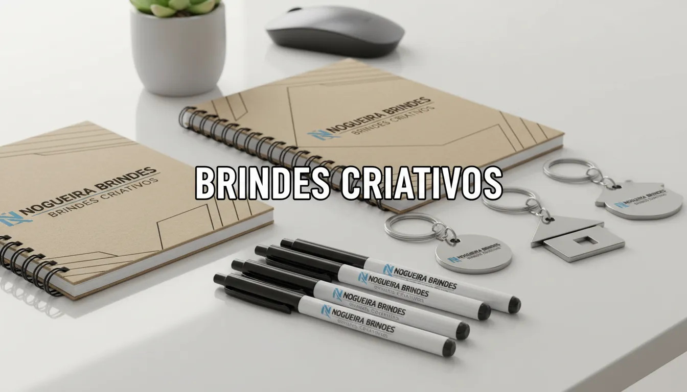 Variedade de brindes criativos e personalizados da Nogueira Brindes em uma mesa de escritório, ideais como brindes baratos.