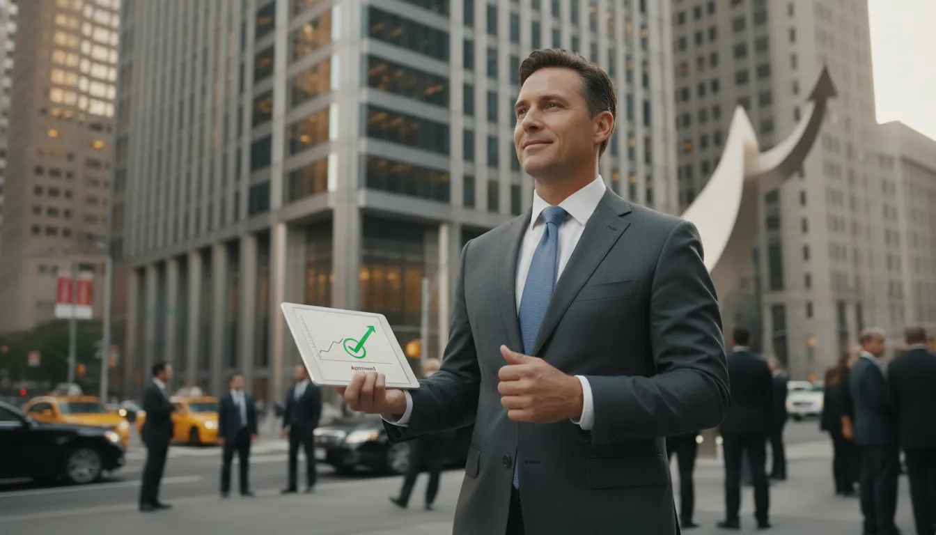 Empreendedor confiante celebra aprovação de crédito empresarial nos EUA, em frente a edifício moderno.