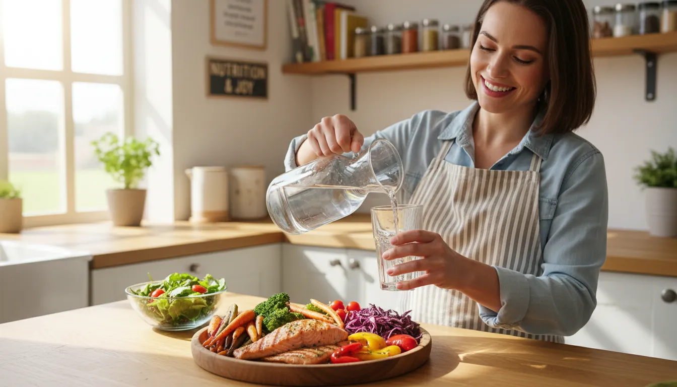 Mulher sorrindo ao lado de prato saudável e copo de água, enfatizando alimentação simples e hidratação.