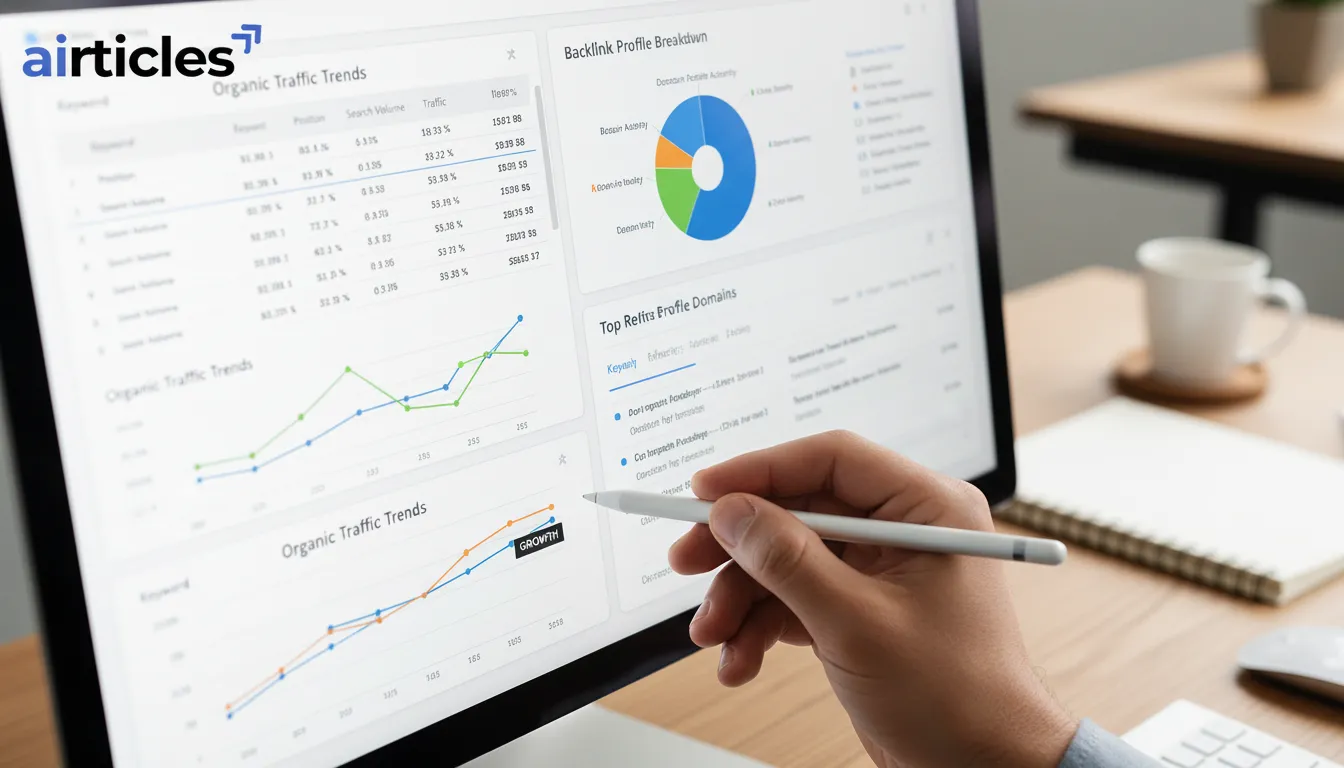 Close-up of SEO analytics on screen, hand pointing at data, vital for agência SEO BH strategy.