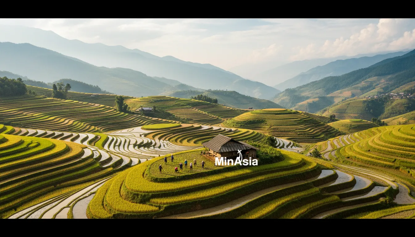 Terraços de arroz em Sapa, Vietnã, exibindo as cores vibrantes e os agricultores locais com chapéus cônicos.