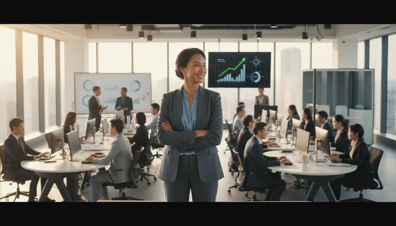 Confident business owner overseeing a thriving team, enjoying growth and financial health after opening a company in the USA.