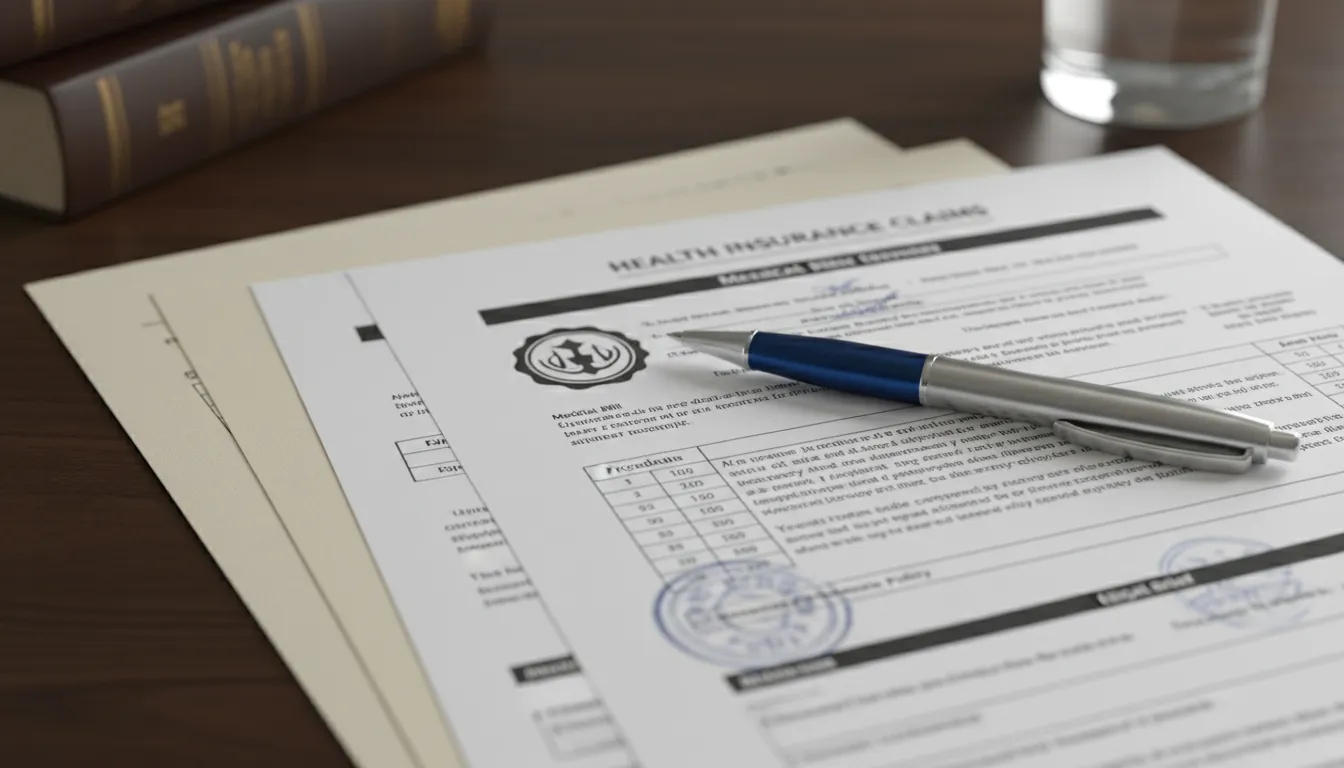 Detalhe de documentos legais sobre plano de saúde, destacando a atuação do advogado em Praia Grande na defesa do cliente.