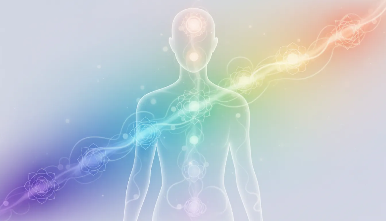 Ilustração abstrata dos chakras recebendo energia do reiki online, simbolizando o fluxo vital e o equilíbrio energético promovido pela terapia à distância.