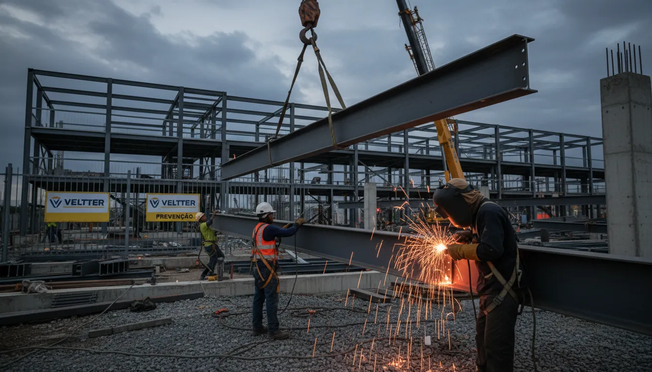 Instalação de estruturas metálicas com soldagem e segurança, ilustrando a prevenção de riscos no ambiente de trabalho pela Veltter.