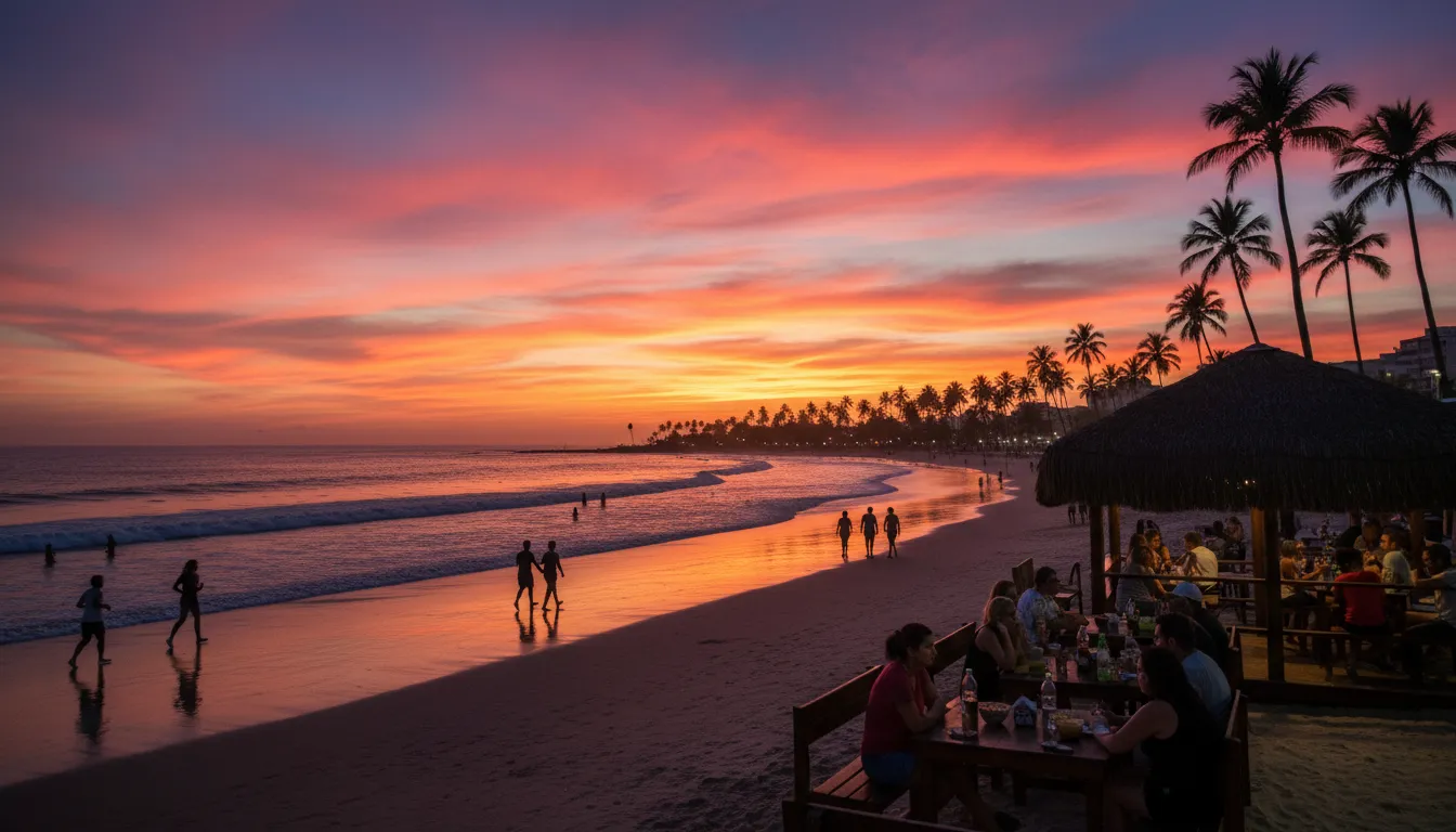 Praia de Jatiúca ao pôr do sol, um lugar tranquilo e perfeito onde ficar em Maceió para relaxar e aproveitar.