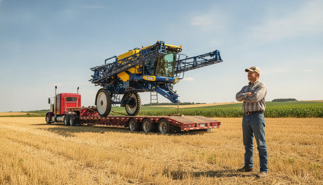 Novo implemento agrícola sendo descarregado, resultado do refinanciamento de caminhão para investimento.