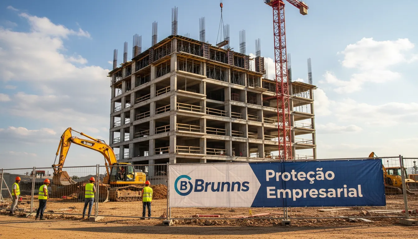 Um canteiro de obras com o logo da Brunns, enfatizando a necessidade de seguro empresarial para construção civil e proteção contra riscos de engenharia.
