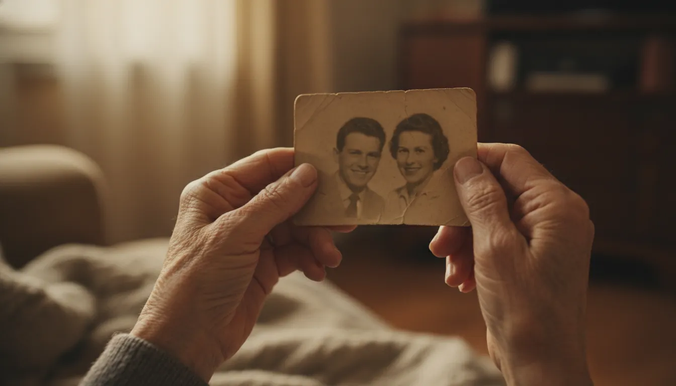 Mãos segurando foto antiga, simbolizando a memória e o luto pela perda.