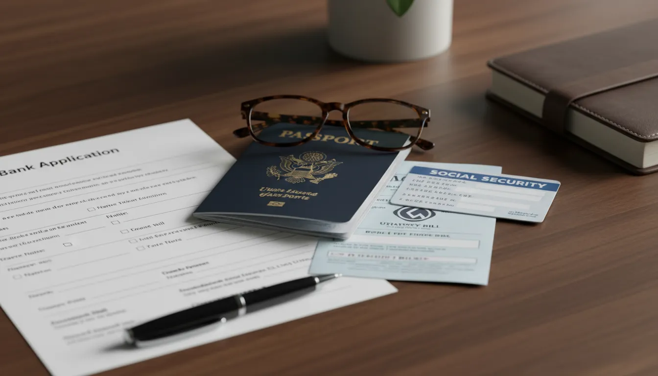 Documentos necessários para Como abrir conta bancária nos EUA dispostos sobre uma mesa de madeira.