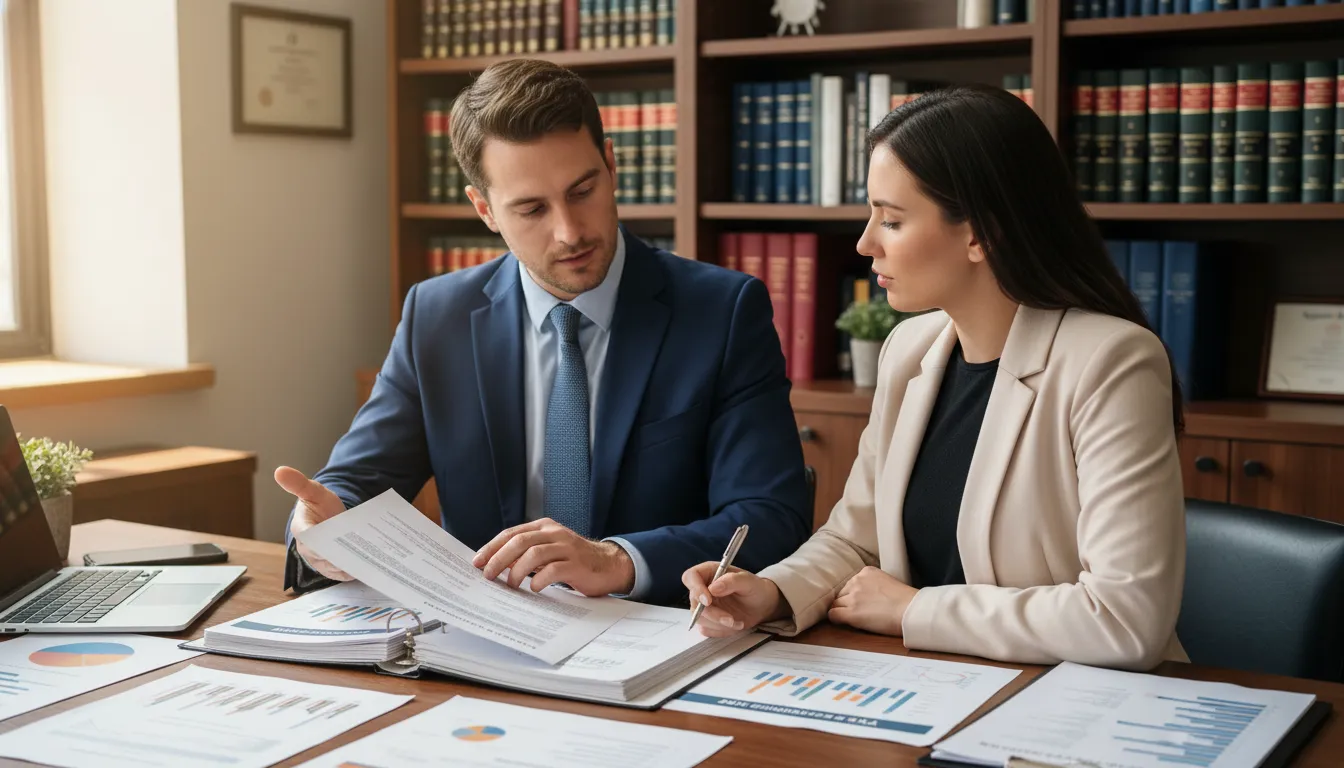 Consultor explicando regras de residência fiscal a cliente, com documentos e gráficos sobre a mesa.