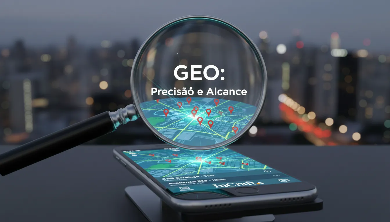 Lupa sobre smartphone mostrando dados de localização, destacando a precisão da geo otimização para SEO e marketing. InCraft Digital ao fundo.