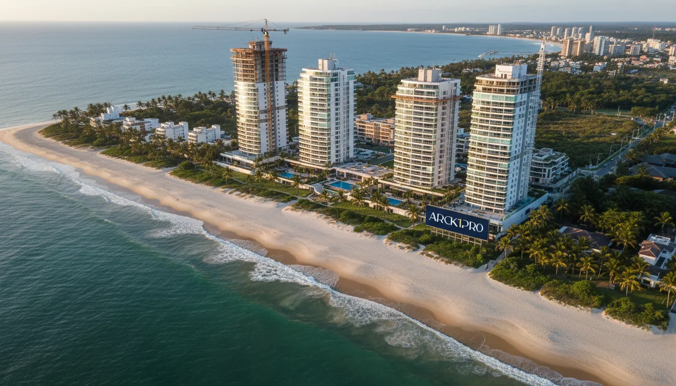 Vista aérea de condomínio luxuoso em construção no litoral catarinense, simbolizando investimento imobiliário seguro.
