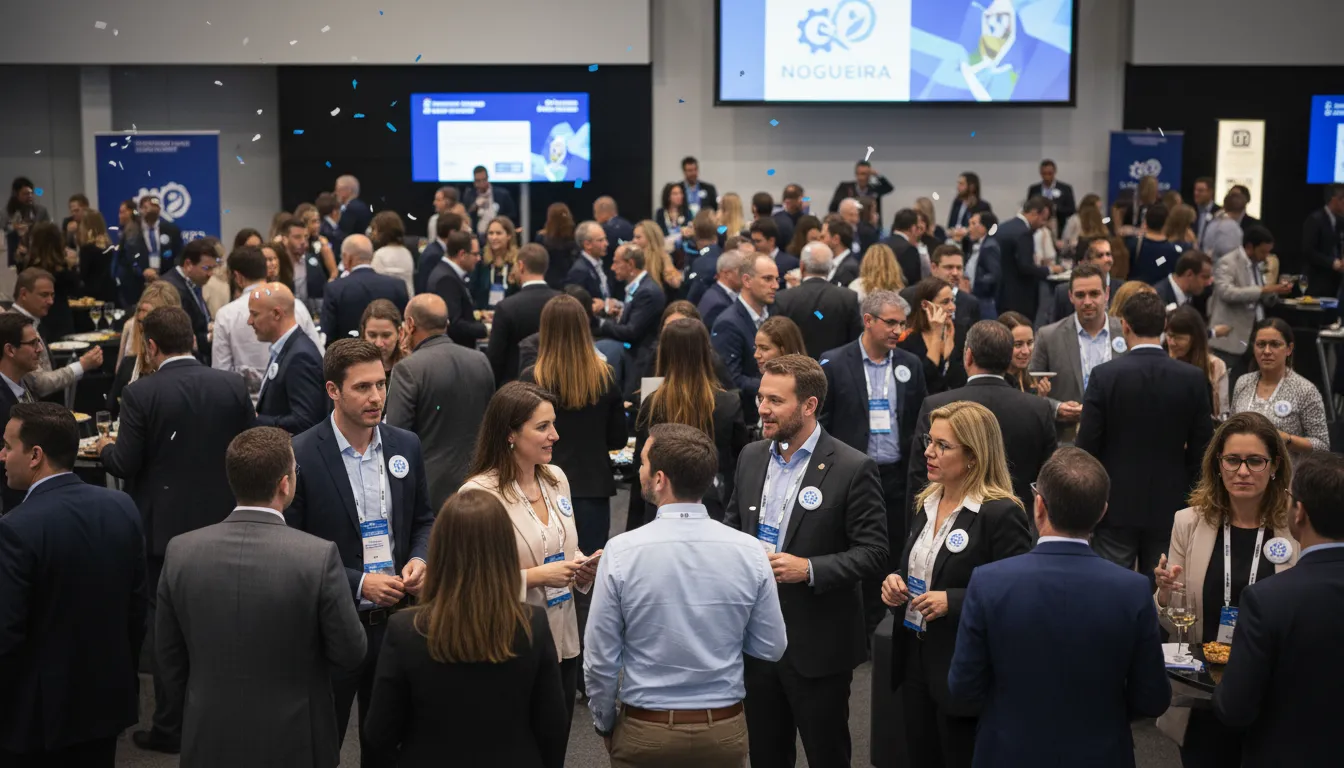Grupo diverso em evento corporativo usando bottons personalizados da Nogueira Brindes, promovendo a marca de forma eficaz.